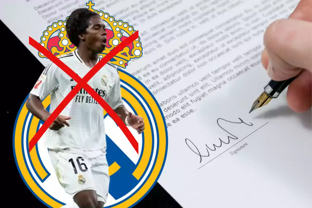 Un jugador de fútbol con el uniforme del Real Madrid está tachado con una cruz roja, mientras una mano sostiene una pluma sobre un documento con una firma.