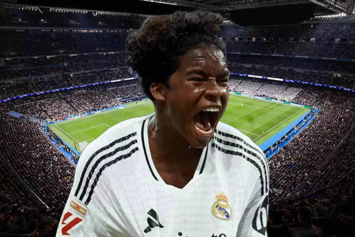 A player wearing the Real Madrid jersey celebrates enthusiastically in a stadium full of spectators.