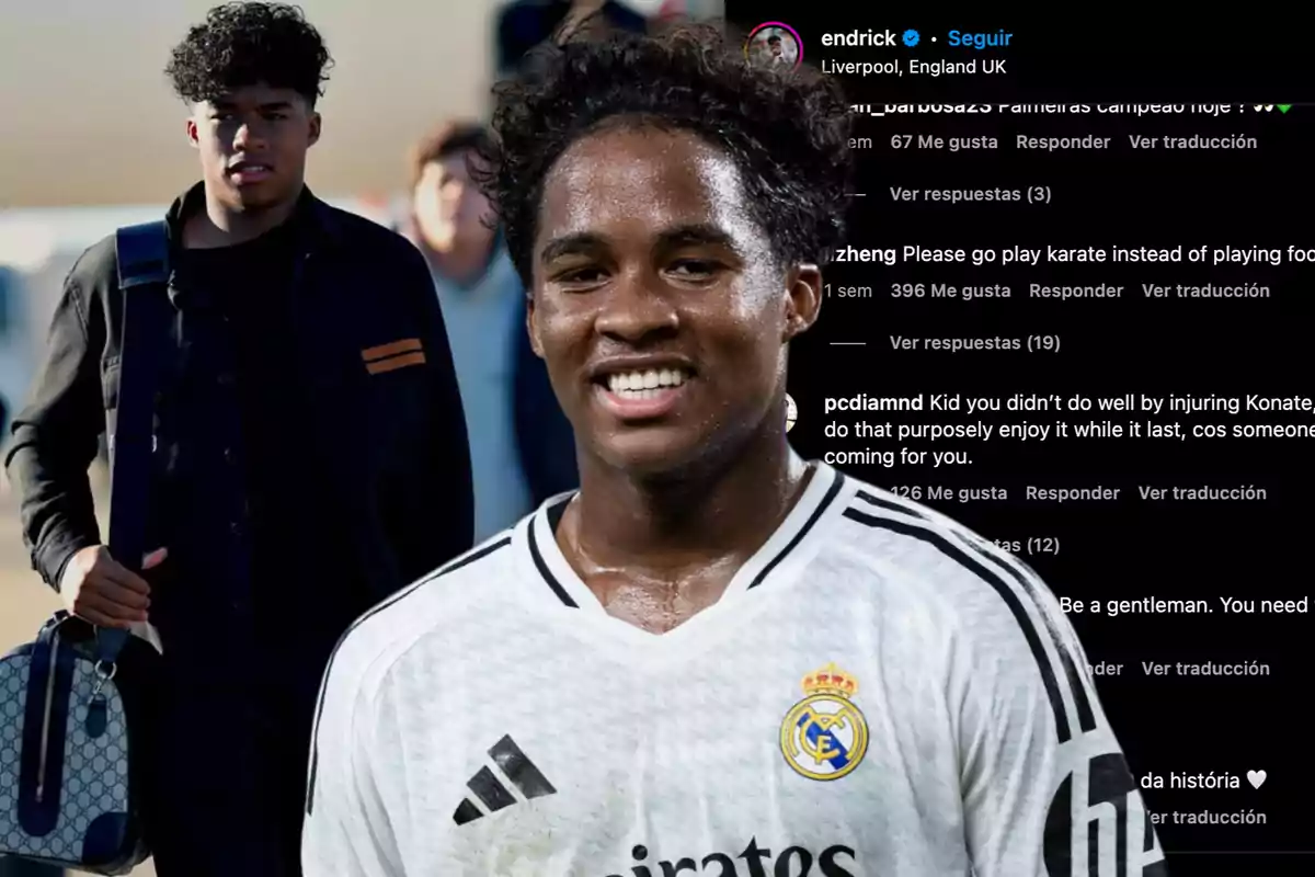 A young footballer smiles wearing a Real Madrid jersey while another person is seen walking with a bag in the background with social media comments superimposed.