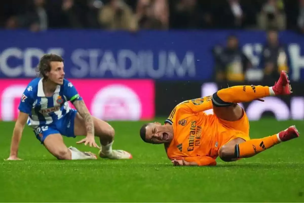 Two players on the field, one of them on the ground with an expression of pain while the other watches.