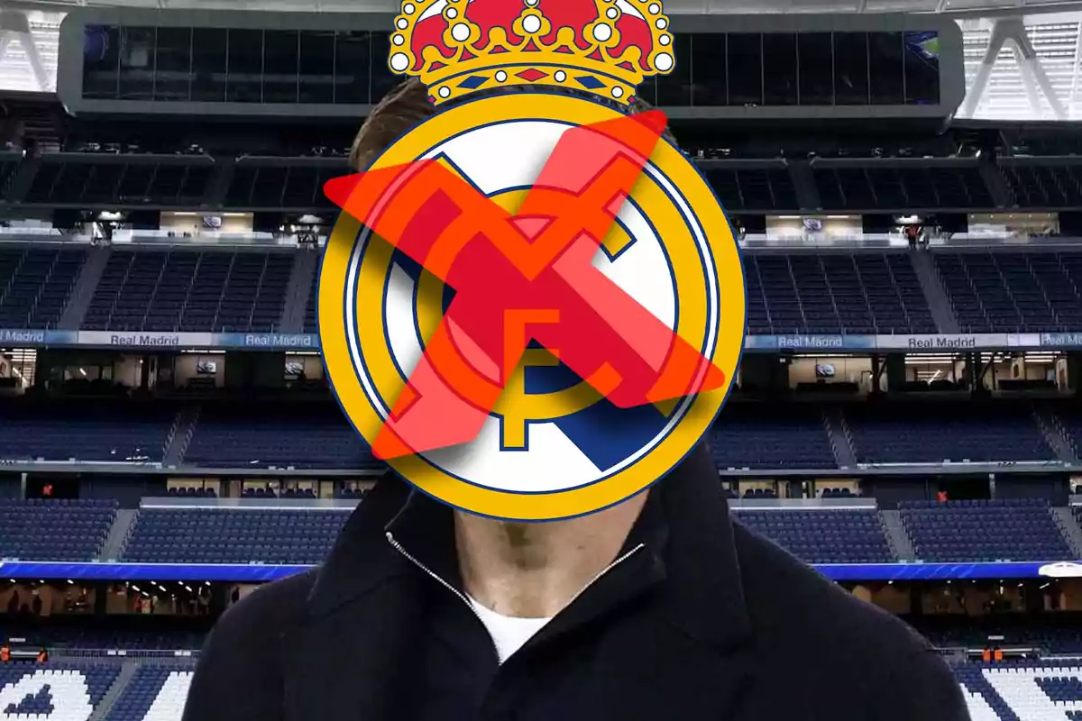 Una persona en un estadio con el logo del Real Madrid tachado sobre su rostro.