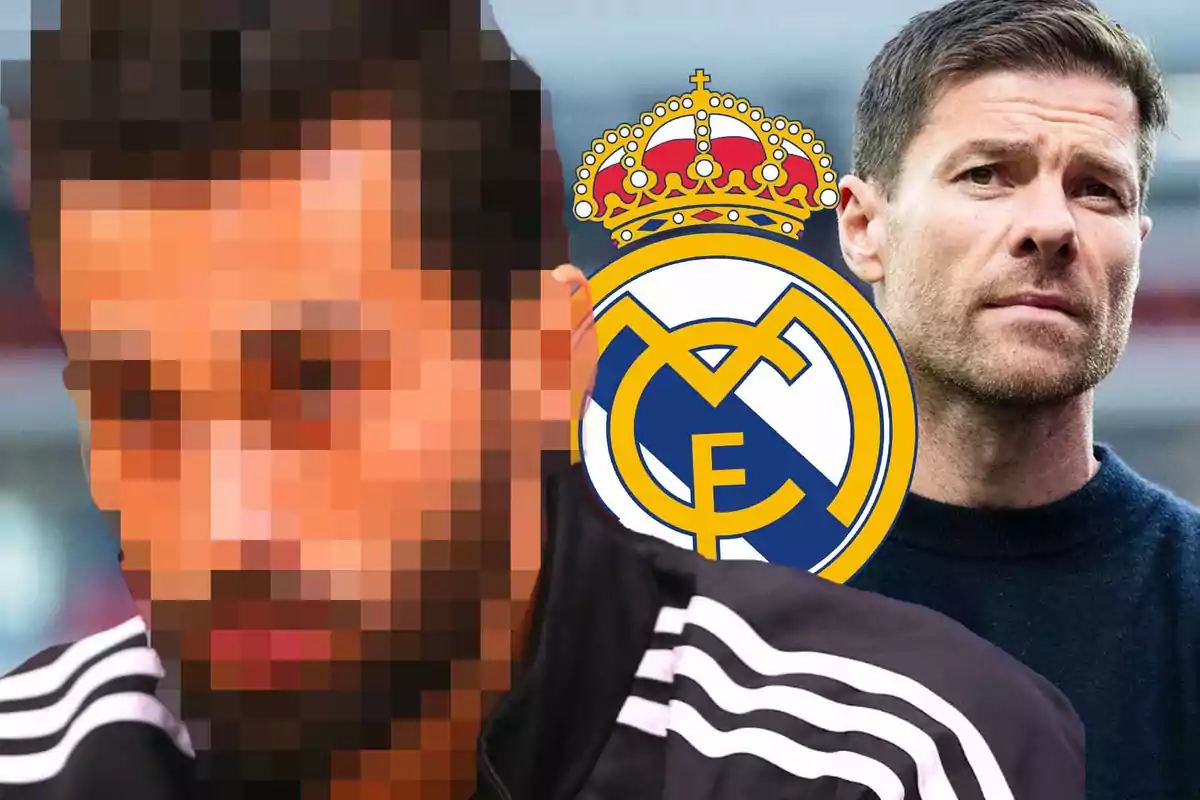 Un hombre pixelado con una chaqueta deportiva y otro hombre con expresión seria, junto al escudo del Real Madrid.