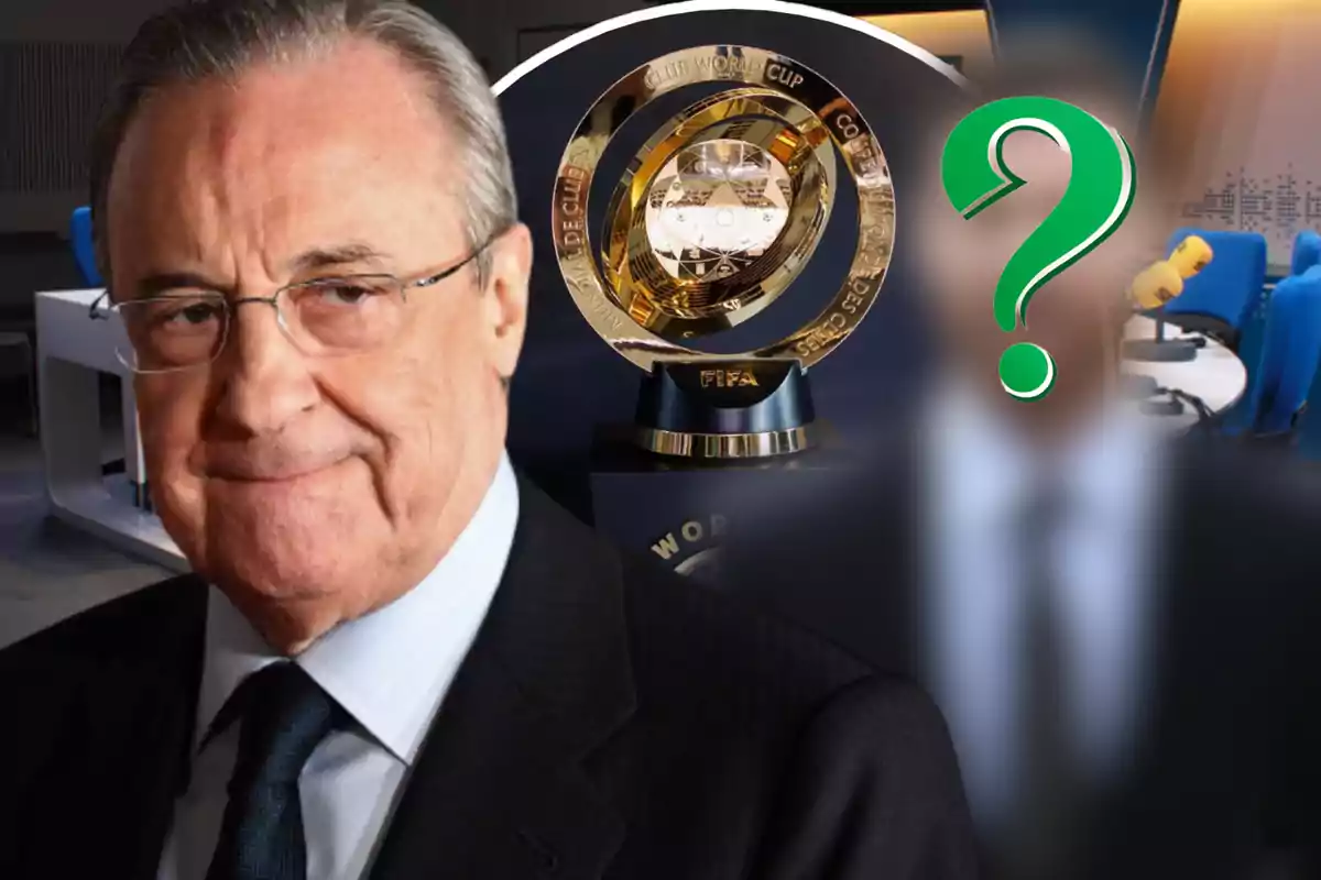 A man in a suit and tie is in front of a FIFA trophy, while in the background there is a blurry figure with a green question mark over it.
