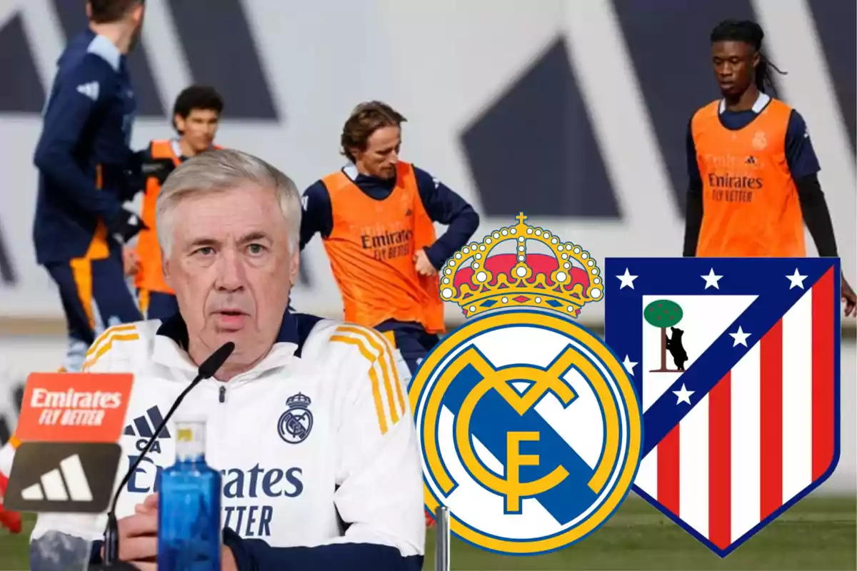 Entrenamiento del Real Madrid con el entrenador en conferencia de prensa y los escudos del Real Madrid y Atlético de Madrid.