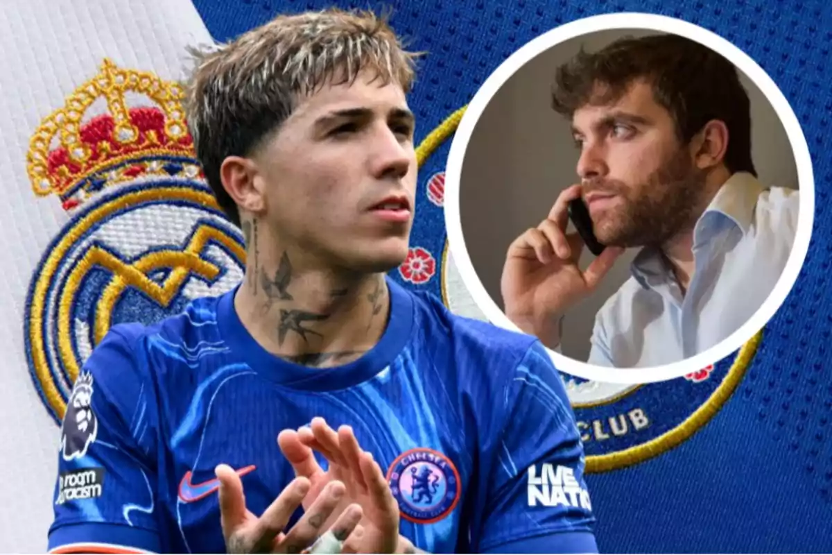 A player in a blue uniform with neck tattoos appears in the foreground while a person is talking on the phone in a circular inset over a background with a club's emblem.