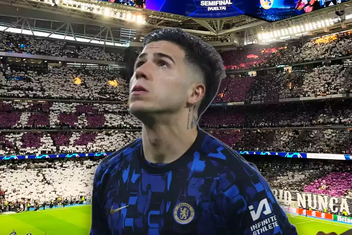 A player in a blue uniform looks up in a stadium full of spectators during an important match.