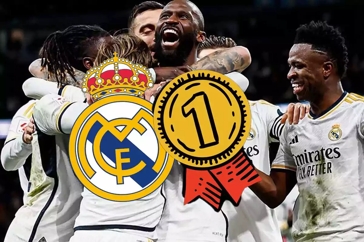 Football players celebrating with the Real Madrid logo and a first place medal superimposed.