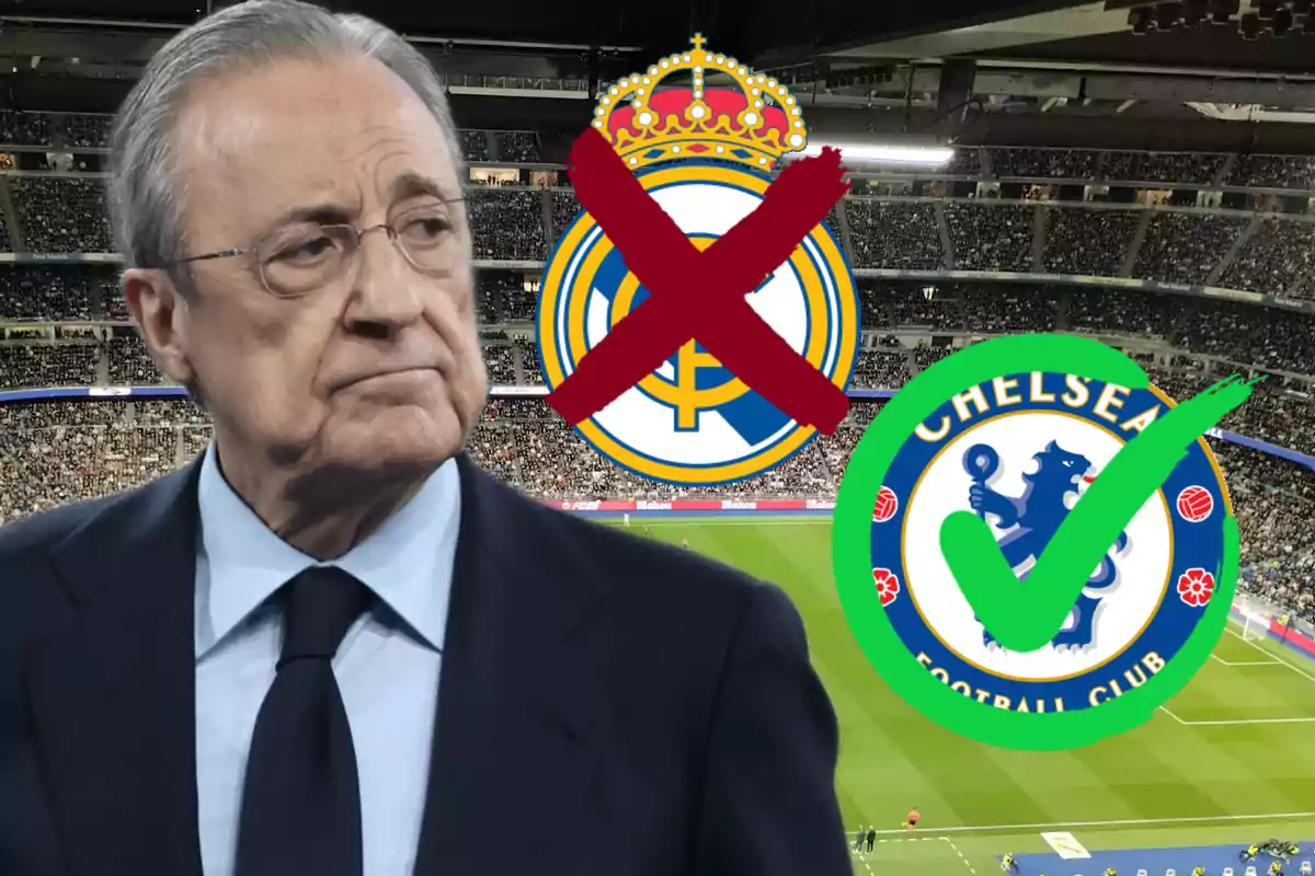 Un hombre con gafas y traje oscuro en un estadio de fútbol, con el logo del Real Madrid tachado y el logo del Chelsea marcado con un visto bueno.