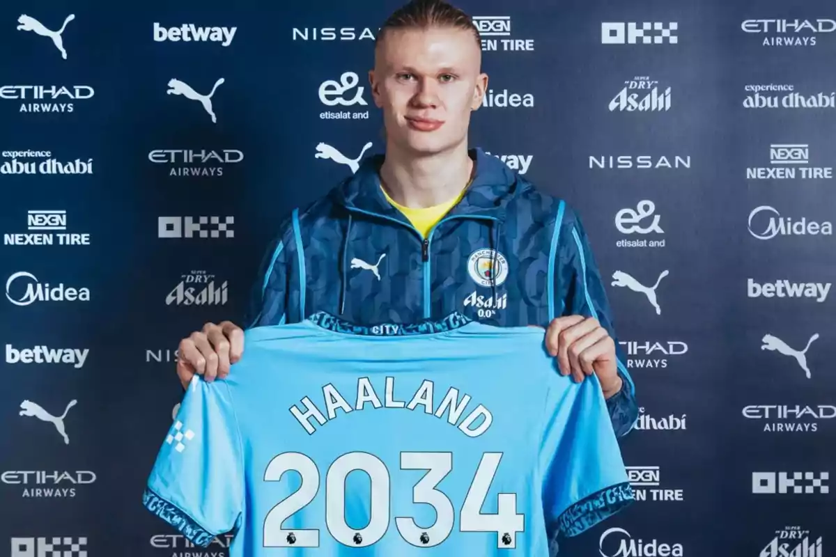 Un jugador de fútbol sostiene una camiseta azul con el número 2034 y su nombre en la parte posterior, frente a un fondo con logotipos de patrocinadores. Un jugador de fútbol sostiene una camiseta azul con el número 2034 y su nombre en la parte posterior, frente a un fondo con logotipos de patrocinadores.
