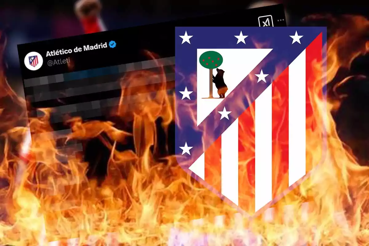 An Atlético de Madrid crest over a background of flames, with a partially visible screenshot of a social media account.