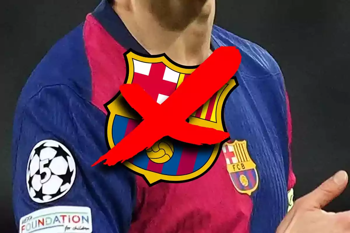 Football player in a blue and red Barcelona jersey with a red crossed out crest.