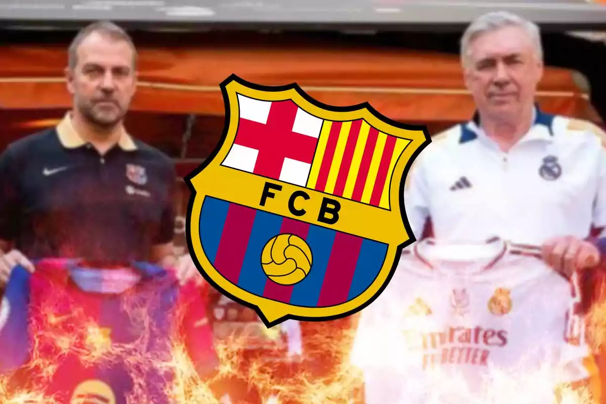 Dos hombres sostienen camisetas de fútbol de equipos rivales con el escudo del FC Barcelona en el centro y un efecto de llamas alrededor.