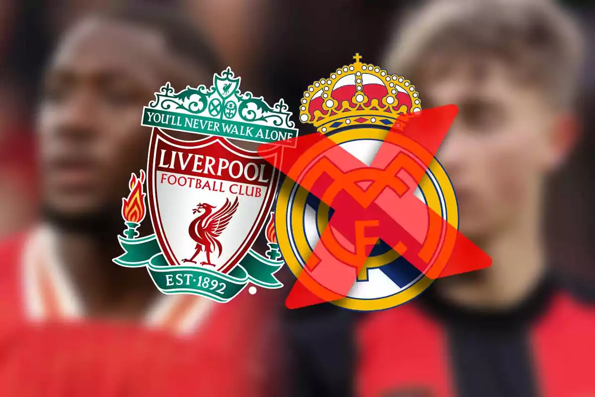 Logos of the Liverpool and Real Madrid soccer teams with a red cross over the Real Madrid crest.