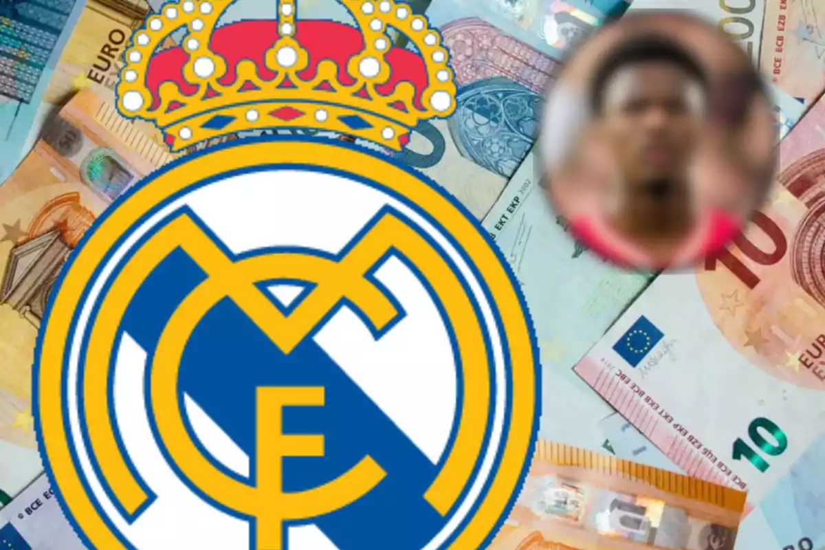 Escudo del Real Madrid sobre billetes de euro con un rostro desenfocado en la esquina superior derecha.