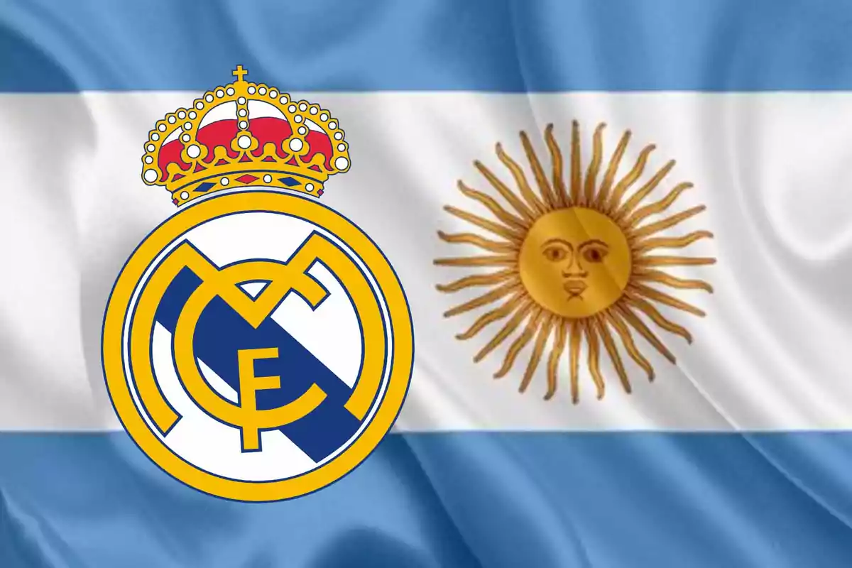 Bandera de Argentina con el escudo del Real Madrid superpuesto a la izquierda