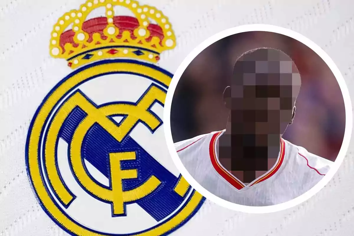 Escudo del Real Madrid junto a la imagen pixelada de un jugador de fútbol.