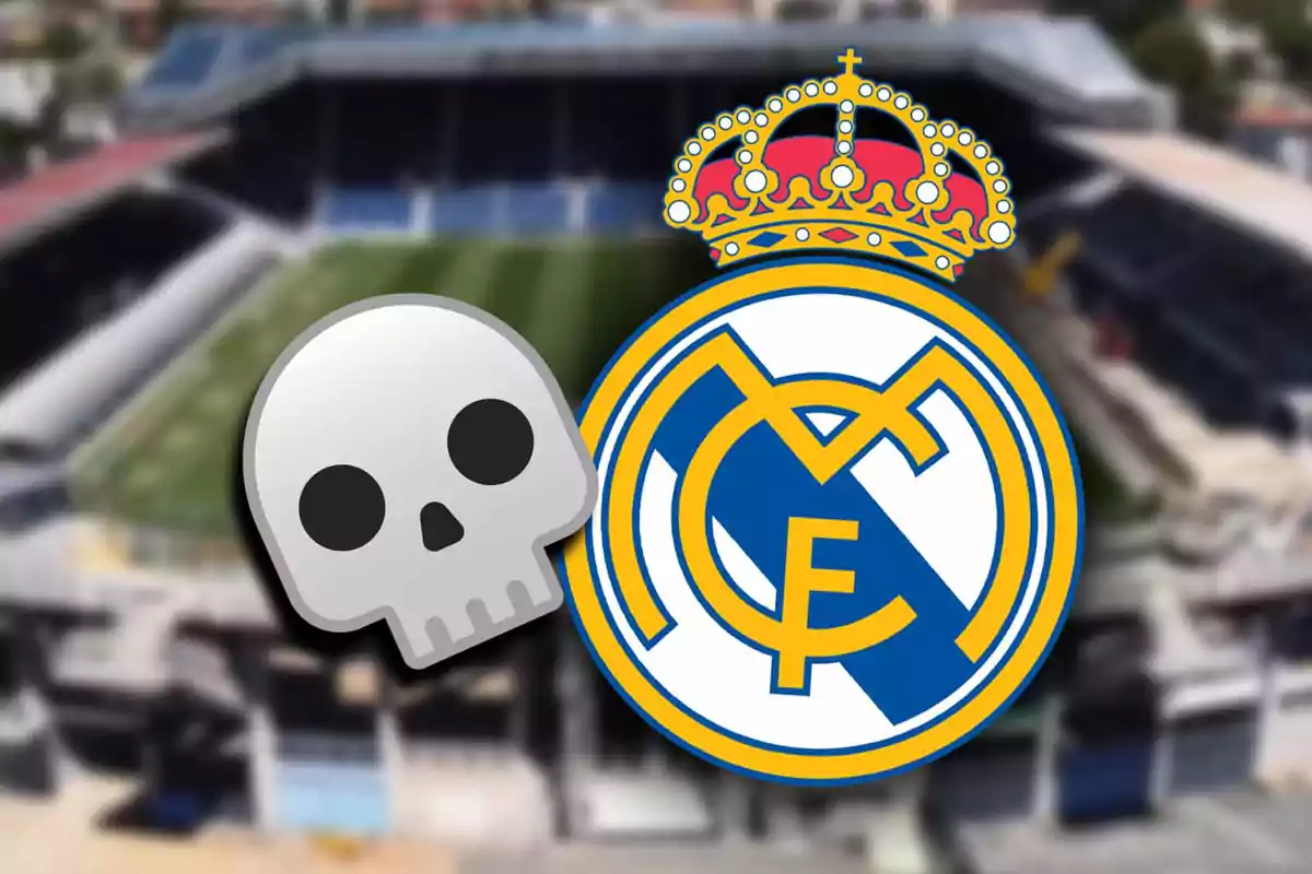 Skull emoji next to a soccer team's crest over a blurred stadium.