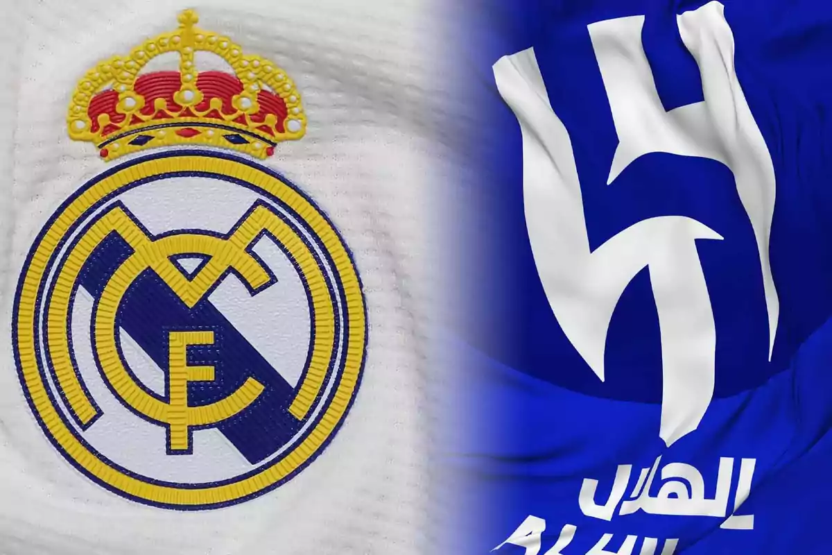 Real Madrid crest on the left and Al Hilal flag on the right over a background divided into white and blue