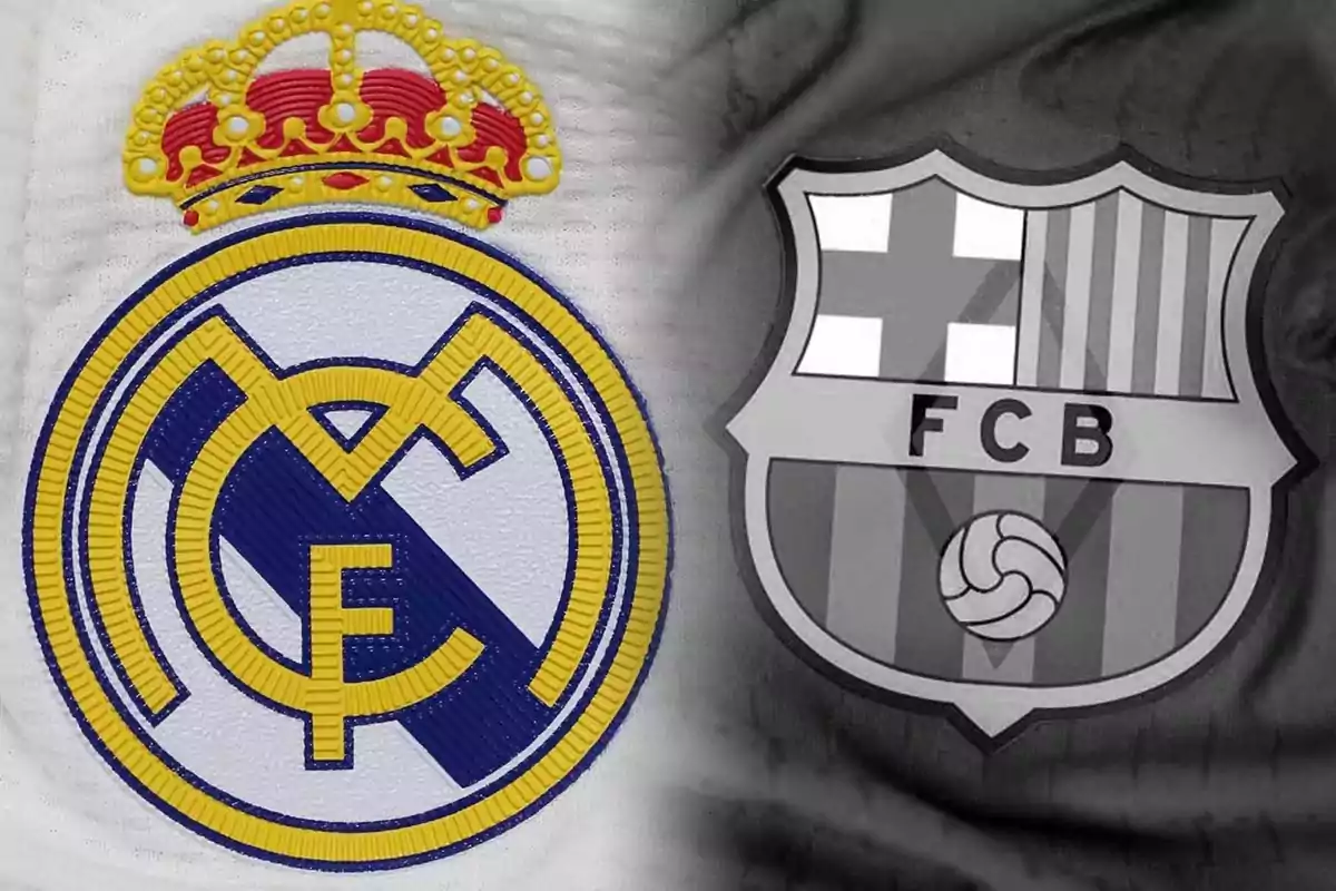 Escudos de los equipos de fútbol Real Madrid y Barcelona juntos en una imagen dividida a la mitad