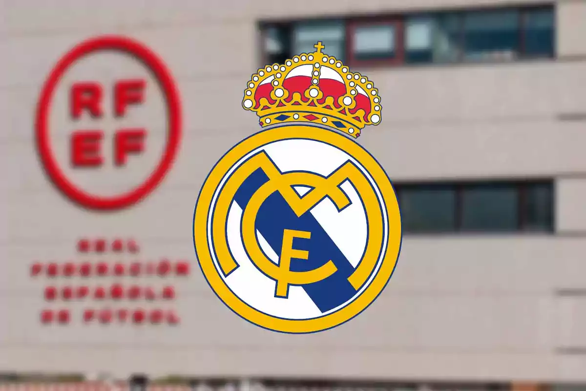 Real Madrid logo overlaid on the building of the Royal Spanish Football Federation.