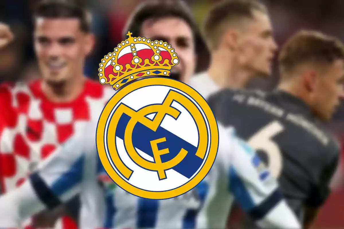 A Real Madrid logo overlaid on a blurred image of players.