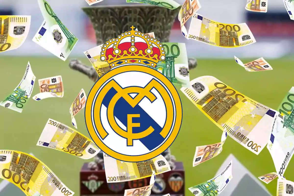 The crest of a soccer team surrounded by euro banknotes floating in the air.