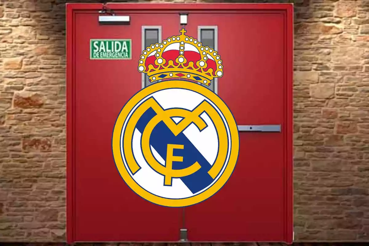 Red emergency door with a green sign and a football team crest overlaid.
