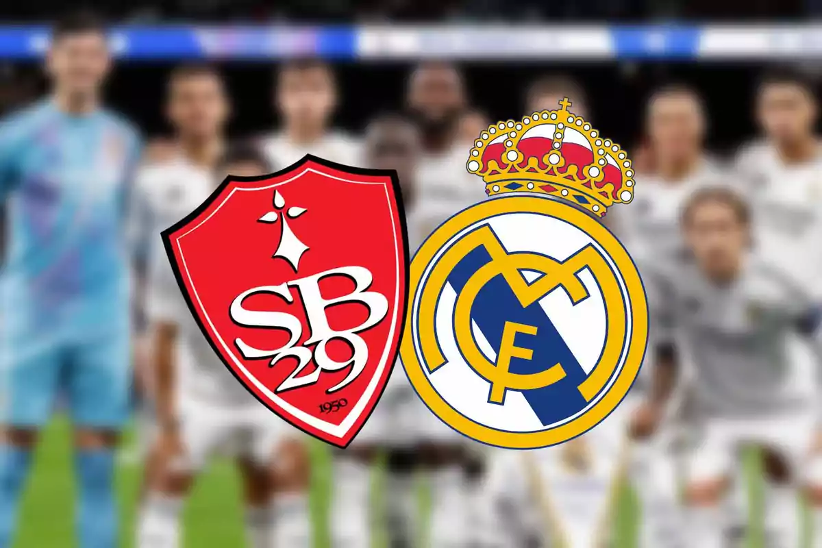 Escudos de los equipos SB29 y Real Madrid sobre un fondo desenfocado de jugadores.