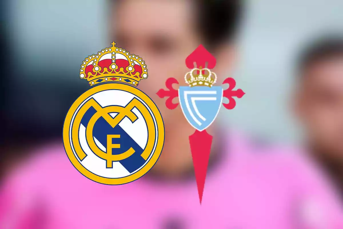 Logos of the Real Madrid and Celta de Vigo soccer teams on a blurred background.