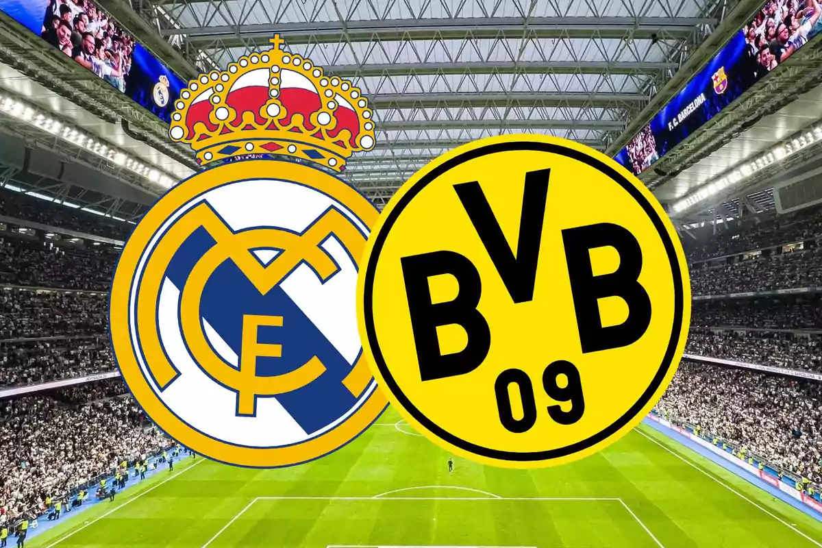 Real Madrid and Borussia Dortmund logos over a soccer stadium full of fans