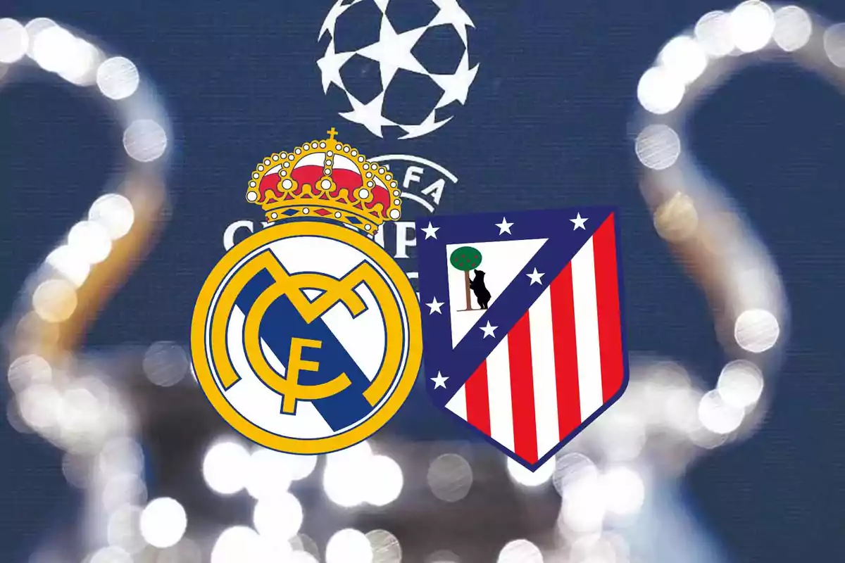 Escudos de dos equipos de fútbol sobre un fondo con el logo de la UEFA Champions League.