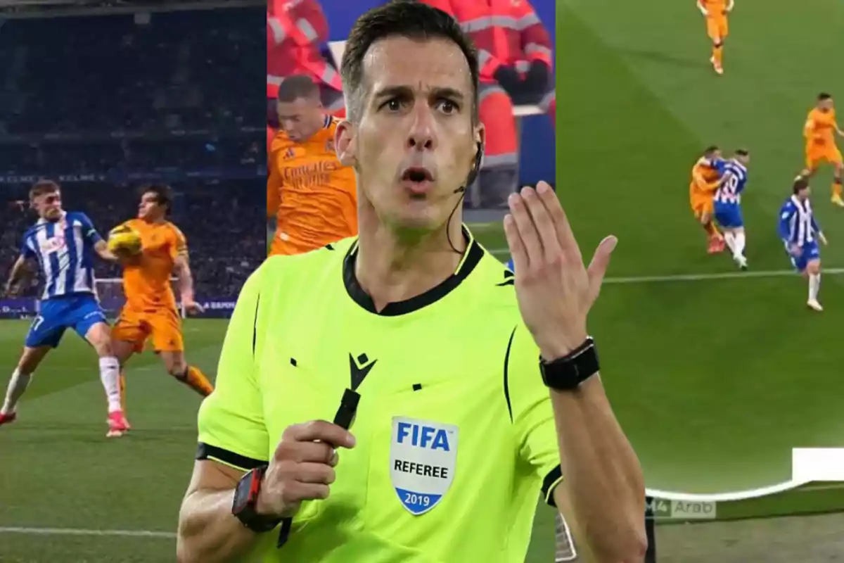 A soccer referee in a yellow uniform gestures while scenes of a match are observed in the background.