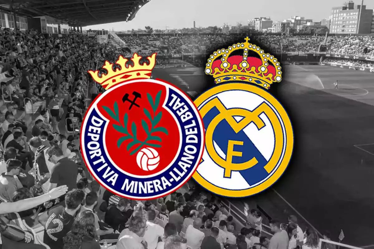 Logos de los equipos de fútbol Deportiva Minera y Real Madrid superpuestos sobre una imagen en blanco y negro de un estadio lleno de espectadores.