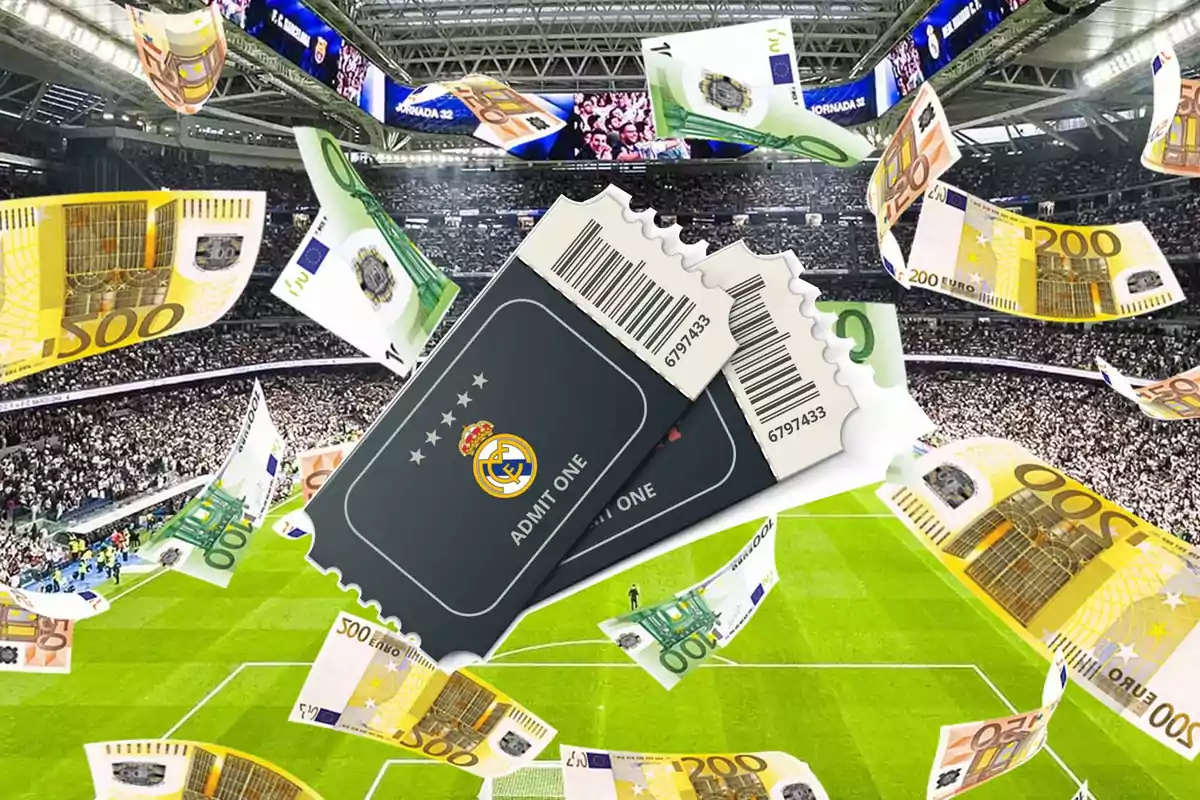 Football tickets with euro bills floating in a stadium full of spectators.