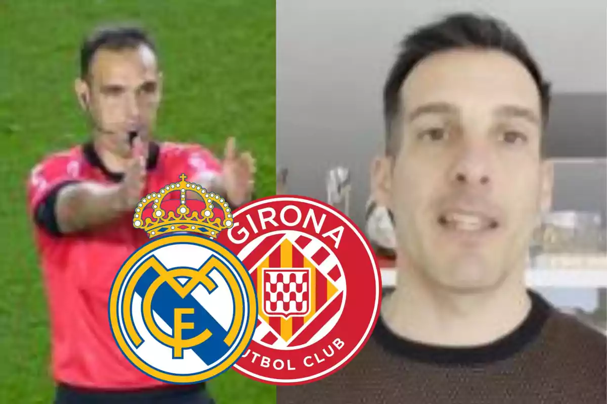 Un árbitro en el campo de fútbol y un hombre en un entorno interior con los escudos del Real Madrid y Girona superpuestos.