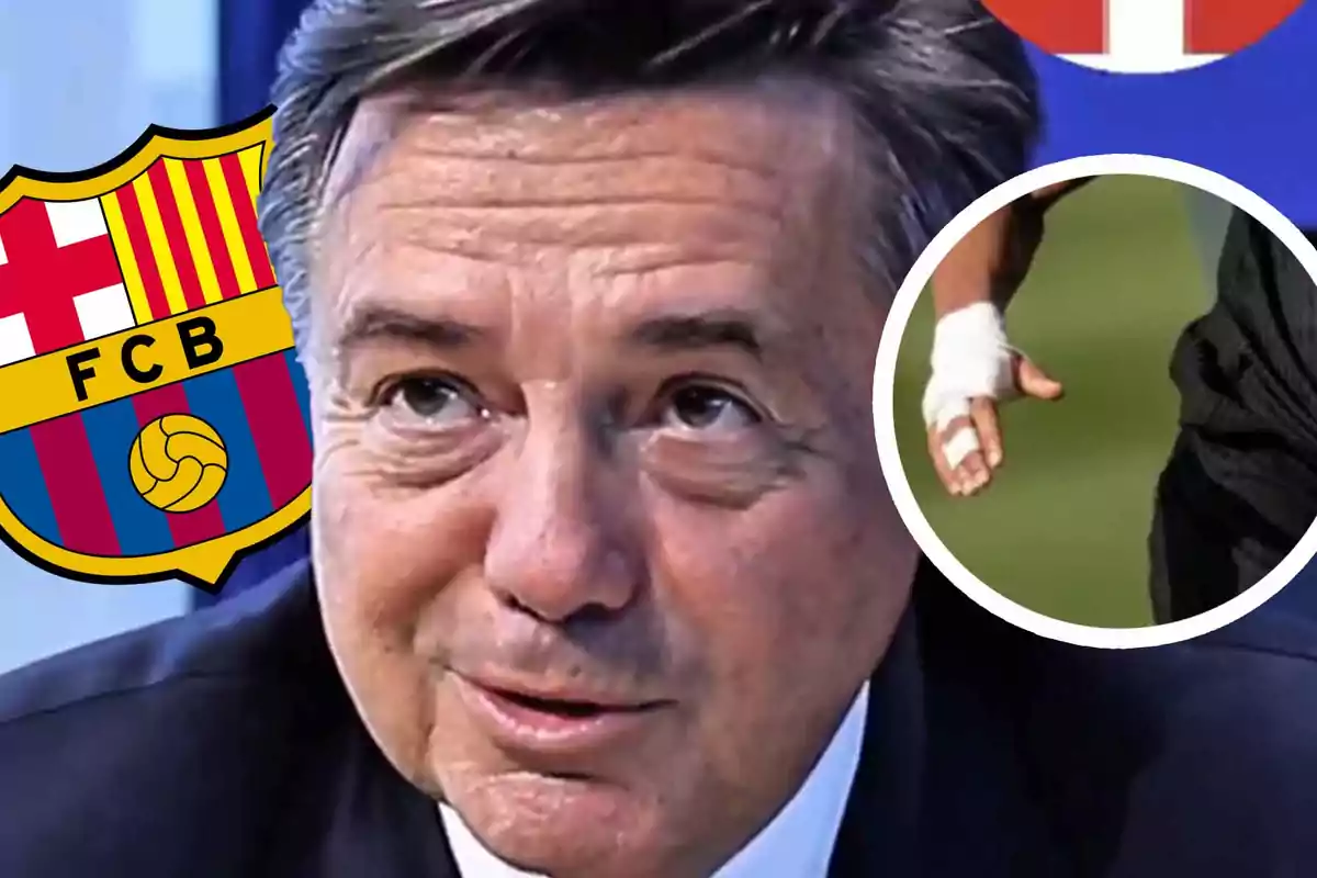 Hombre con el logo del FC Barcelona y un detalle de una mano vendada.
