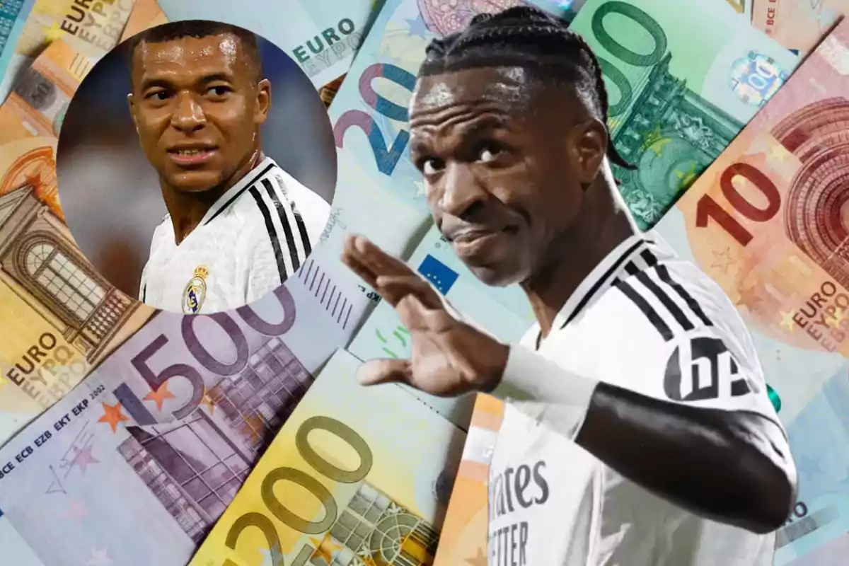 Jugadores de fútbol con camisetas blancas sobre un fondo de billetes de euro.