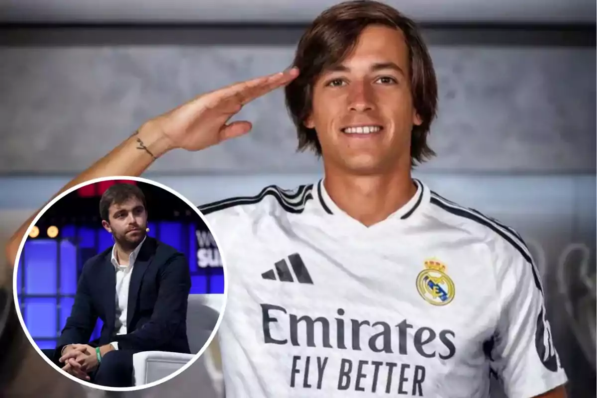 Un jugador de fútbol con la camiseta del Real Madrid hace un gesto de saludo, mientras que en un recuadro aparece un hombre sentado con traje oscuro.