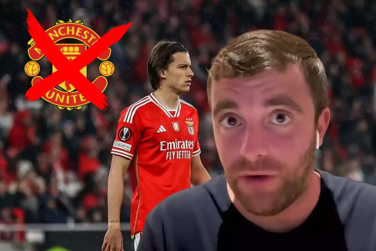 Un jugador de fútbol con la camiseta del Benfica aparece en el fondo mientras un hombre está en primer plano; el logo del Manchester United está tachado con una cruz roja.