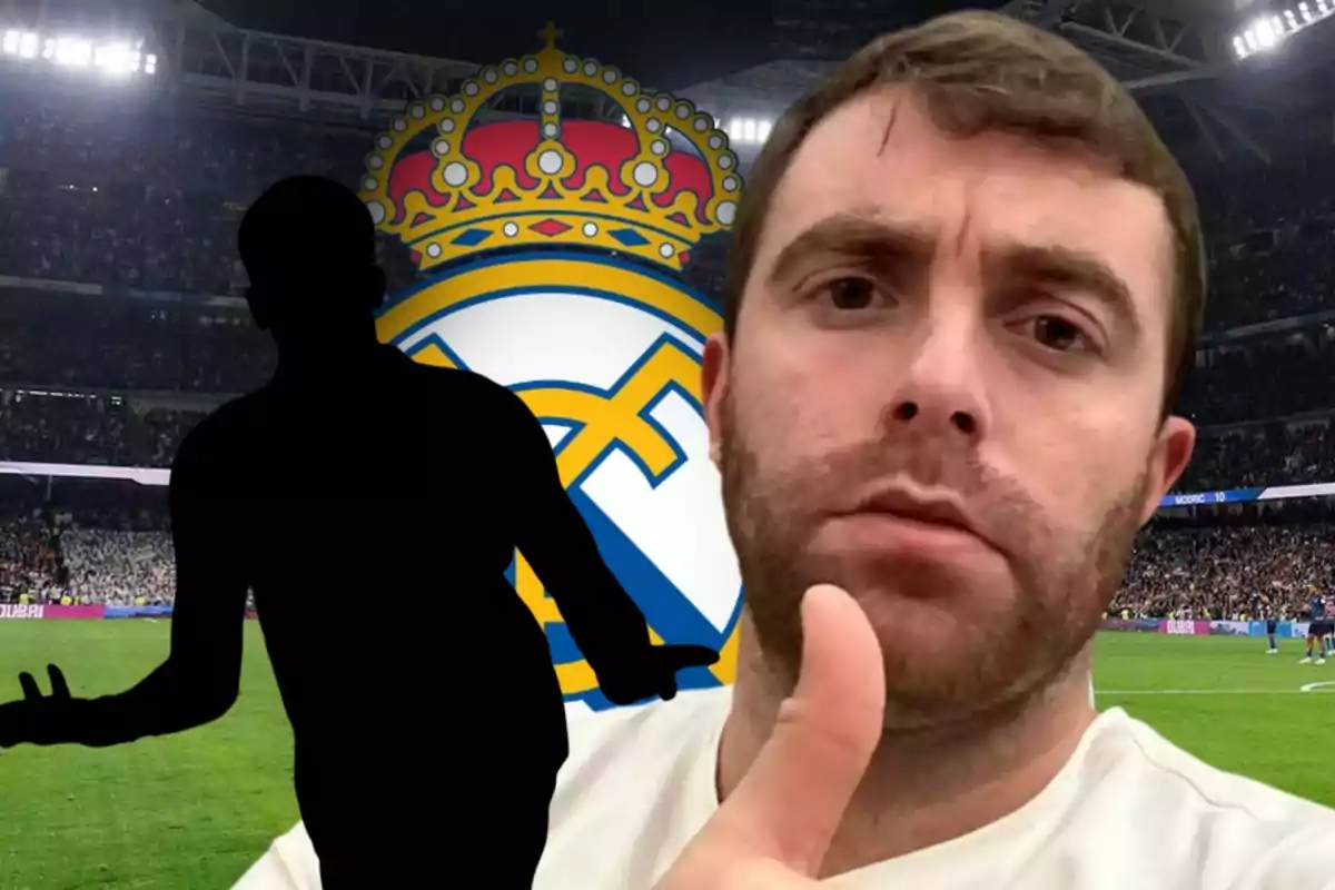 Hombre con pulgar arriba frente al escudo del Real Madrid en un estadio con la silueta de un jugador en primer plano
