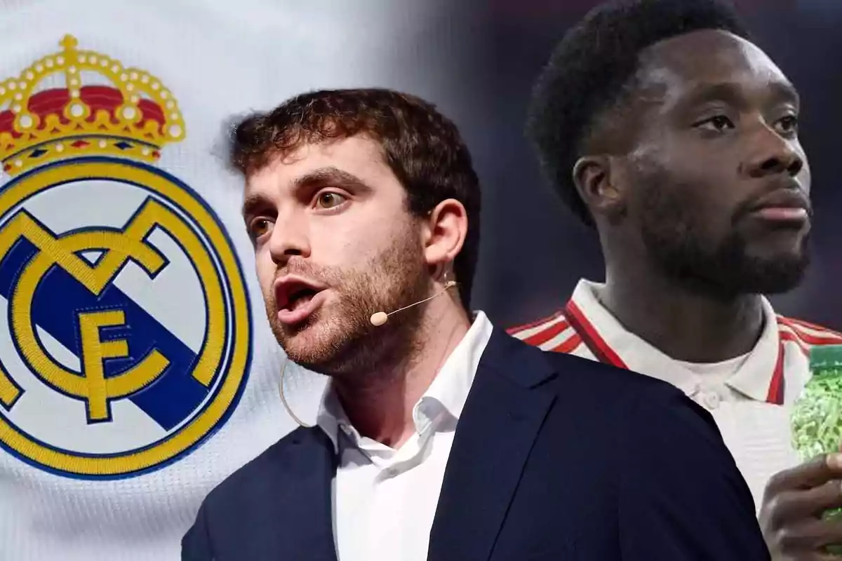 A man with a microphone and another man wearing a sports jersey next to the Real Madrid crest.