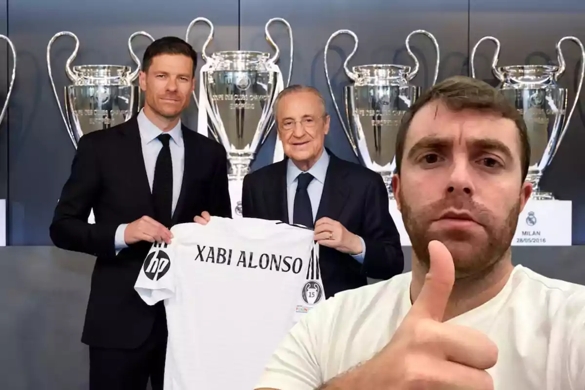 Two men in suits hold a soccer jersey with the name Xabi Alonso in front of several trophies while a man in the foreground gives a thumbs-up gesture.