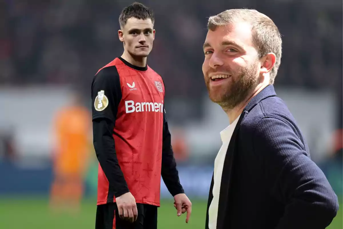 A player in a red and black uniform on the field and a man smiling in the foreground.