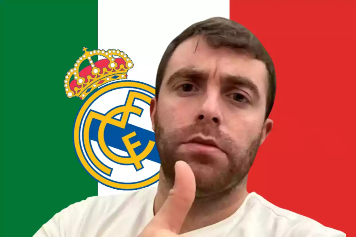 Hombre con barba levantando el pulgar frente a una bandera de Italia y el escudo del Real Madrid
