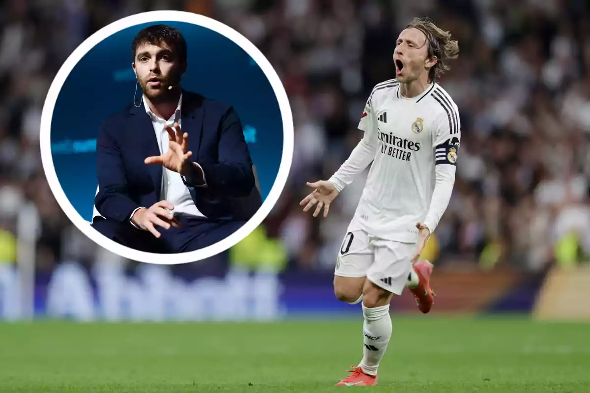 A player from Real Madrid celebrates on the field while a man in a dark suit speaks on a stage in an inset.