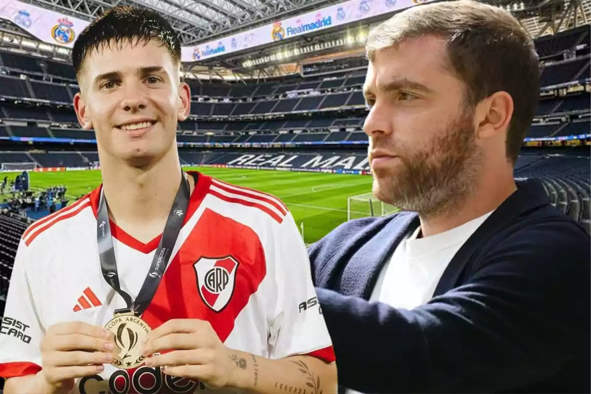 A River Plate player smiles with a medal while a man watches him at Real Madrid’s stadium.