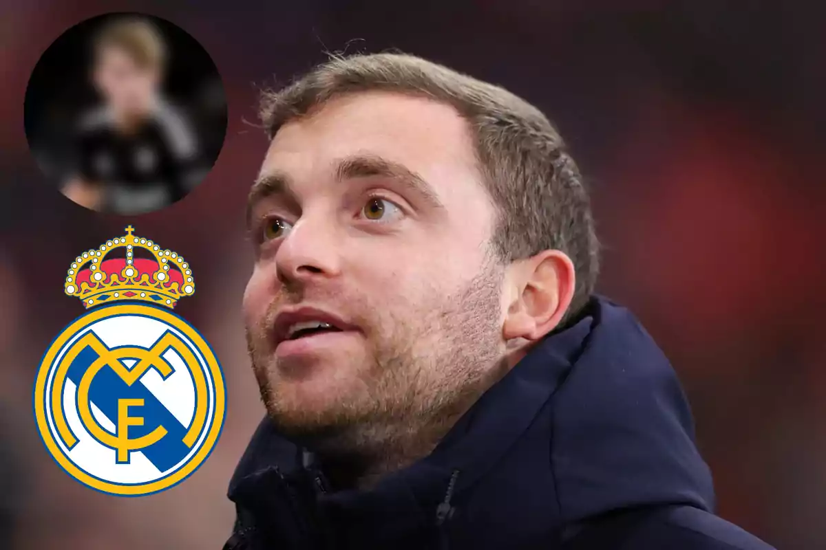 Un hombre con barba y chaqueta oscura aparece en primer plano, con el escudo del Real Madrid en la esquina inferior izquierda y una imagen borrosa en la esquina superior izquierda.