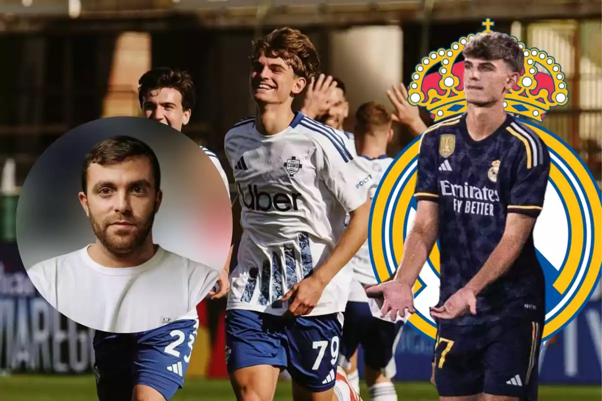 Un grupo de jugadores de fútbol celebrando en el campo con un escudo de equipo al fondo y un retrato de un hombre en un círculo superpuesto.