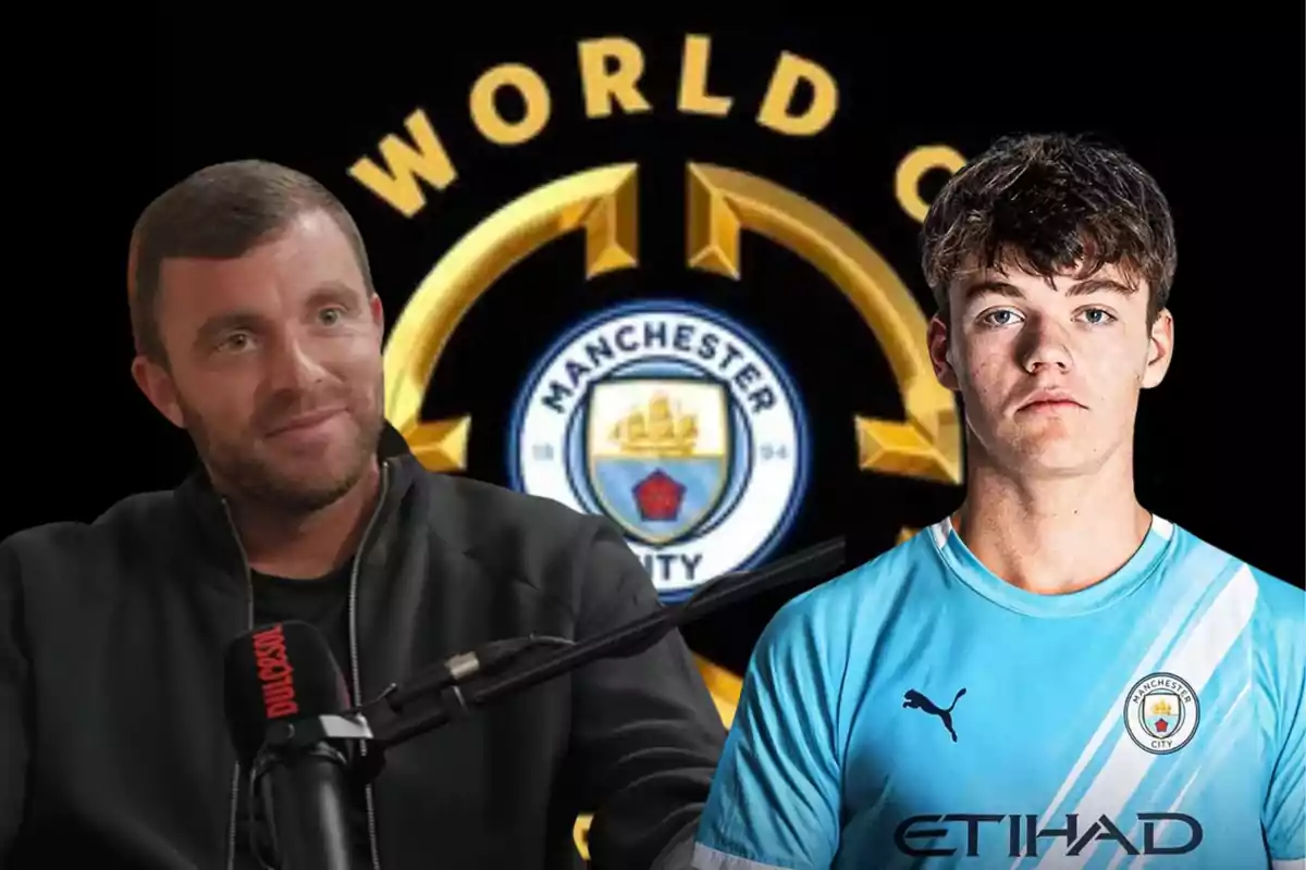 Dos personas en primer plano, una con micrófono y otra con camiseta del Manchester City, con el logo del club y la palabra World Cup de fondo