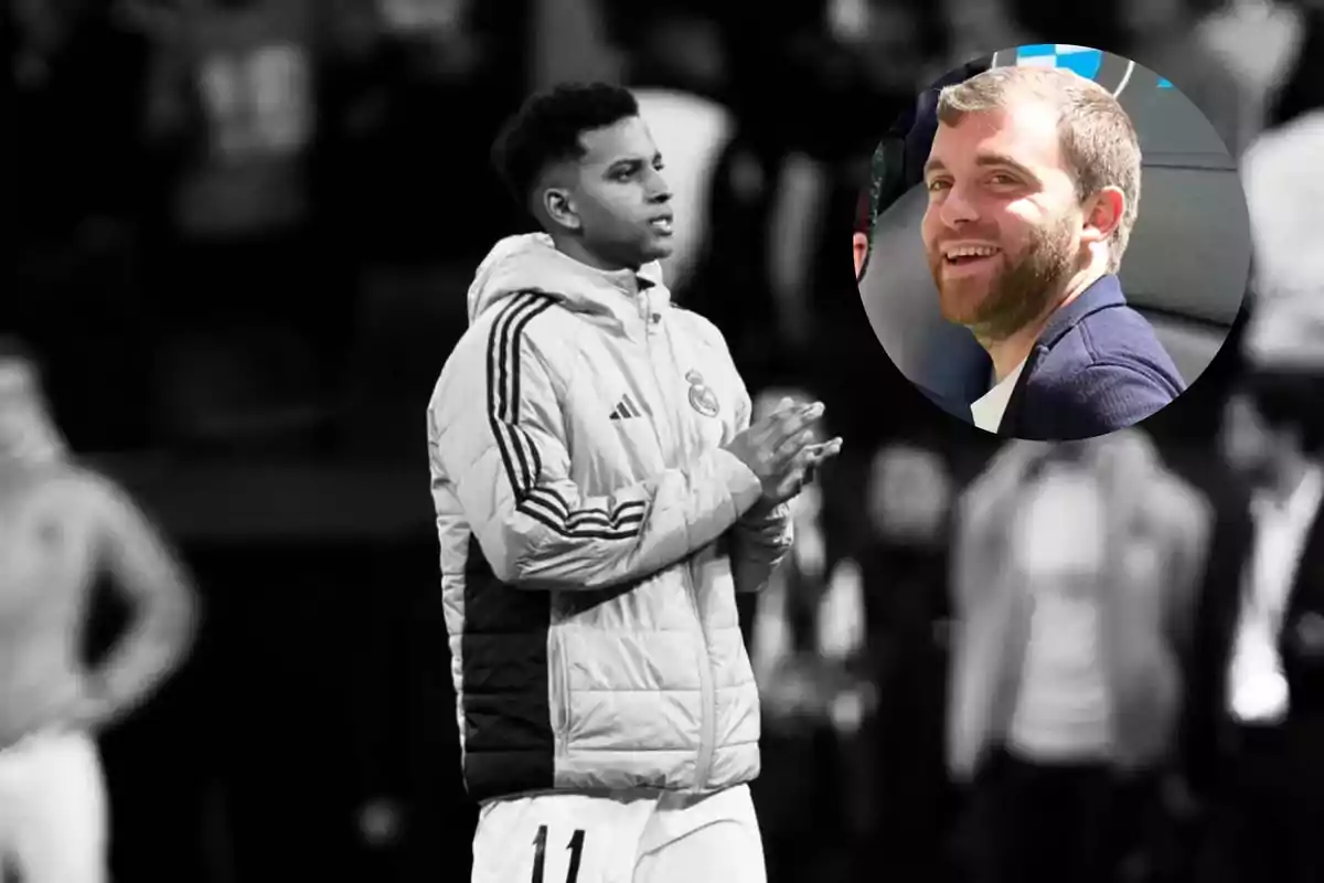 A player wearing a Real Madrid jacket claps in a stadium, with an inset of a smiling man.